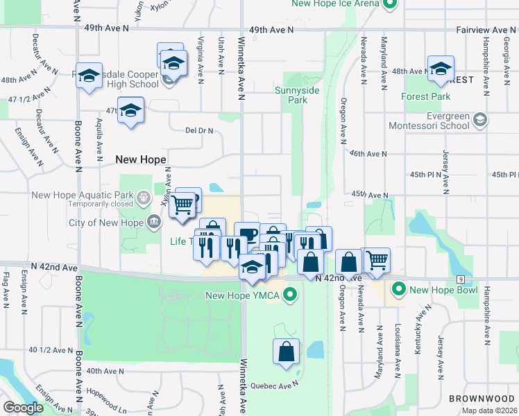 map of restaurants, bars, coffee shops, grocery stores, and more near 7860 44th Avenue North in Minneapolis