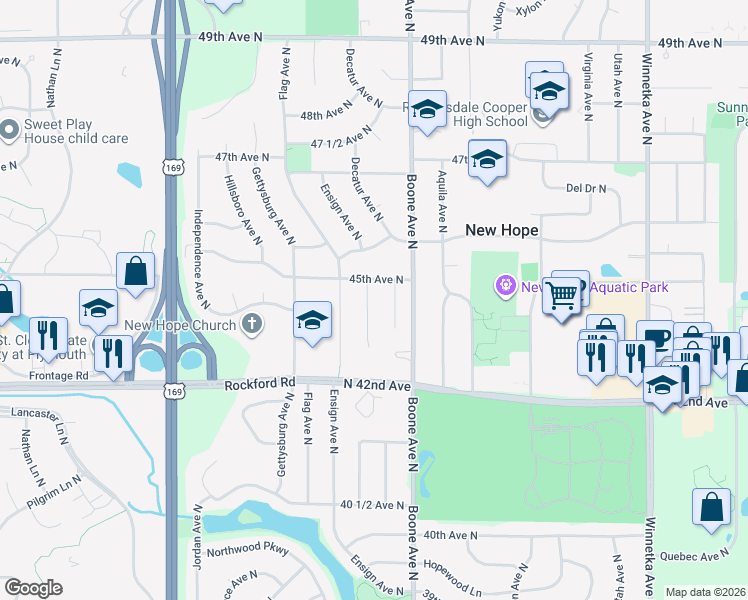 map of restaurants, bars, coffee shops, grocery stores, and more near 4417 Cavell Avenue North in Minneapolis