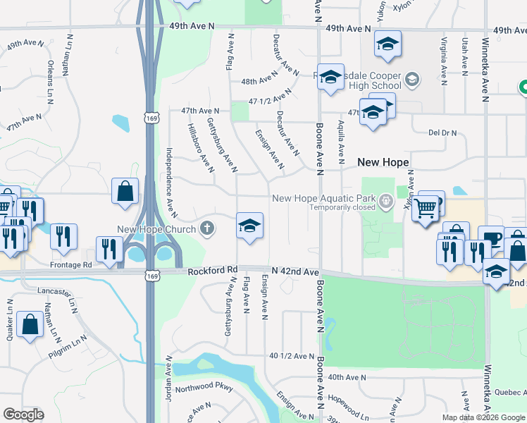 map of restaurants, bars, coffee shops, grocery stores, and more near 9008 44th Circle North in Minneapolis