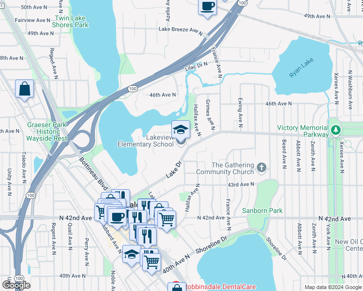 map of restaurants, bars, coffee shops, grocery stores, and more near 4110 Lake Drive in Robbinsdale