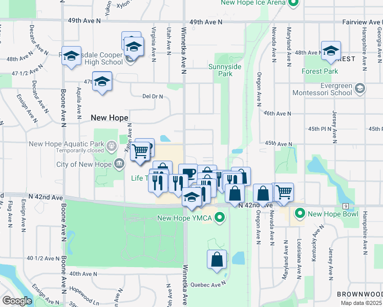 map of restaurants, bars, coffee shops, grocery stores, and more near 7860 44th Avenue North in Minneapolis