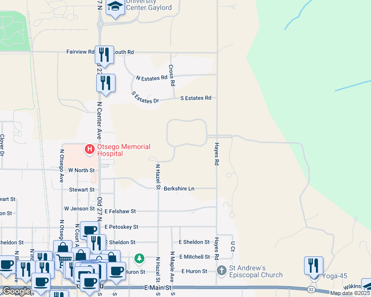 map of restaurants, bars, coffee shops, grocery stores, and more near 187-410 Hayes Road in Gaylord