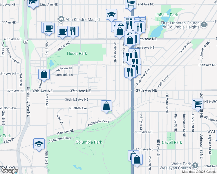 map of restaurants, bars, coffee shops, grocery stores, and more near 3705 Quincy Street Northeast in Minneapolis