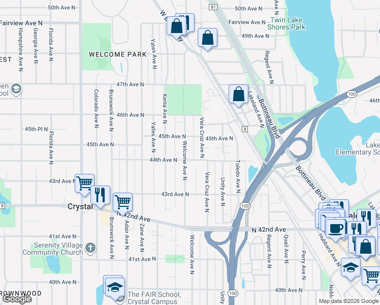 map of restaurants, bars, coffee shops, grocery stores, and more near 4408 Welcome Avenue North in Minneapolis