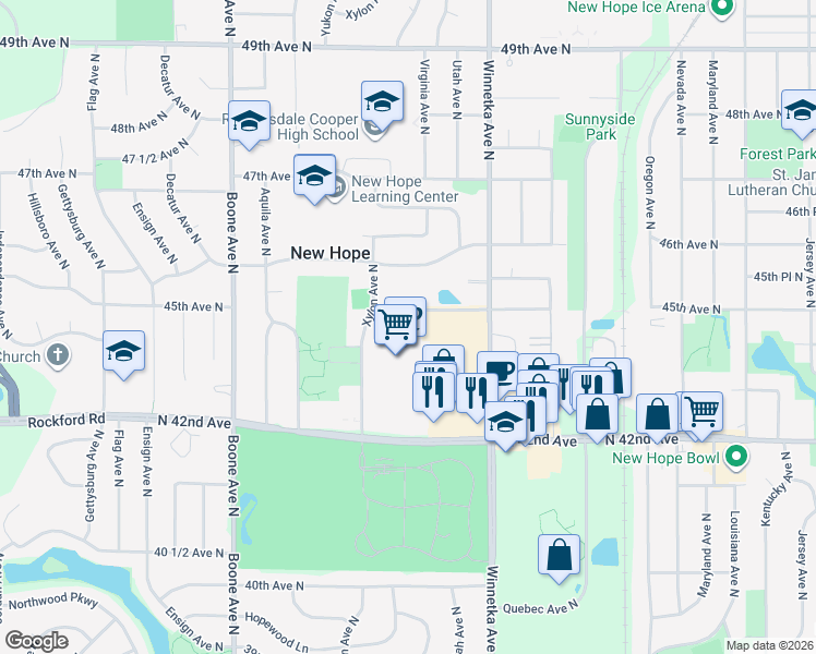 map of restaurants, bars, coffee shops, grocery stores, and more near 8151 45th Avenue North in New Hope