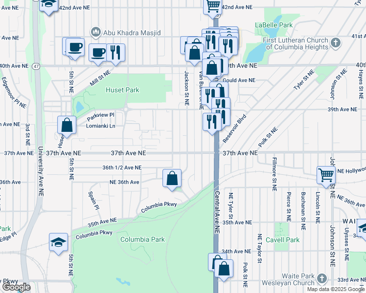 map of restaurants, bars, coffee shops, grocery stores, and more near 3708 Jackson Street Northeast in Minneapolis