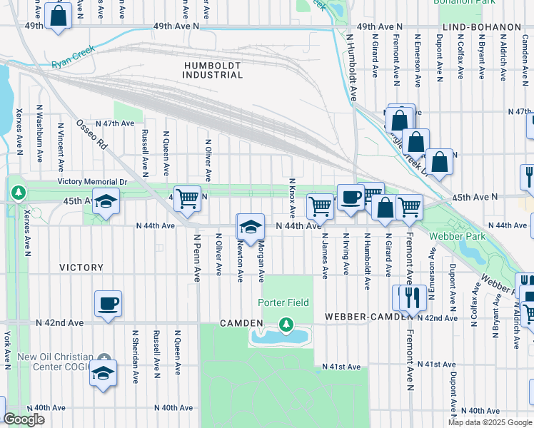 map of restaurants, bars, coffee shops, grocery stores, and more near 4417 North Logan Avenue in Minneapolis