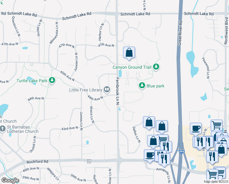 map of restaurants, bars, coffee shops, grocery stores, and more near 14300 44th Avenue North in Minneapolis