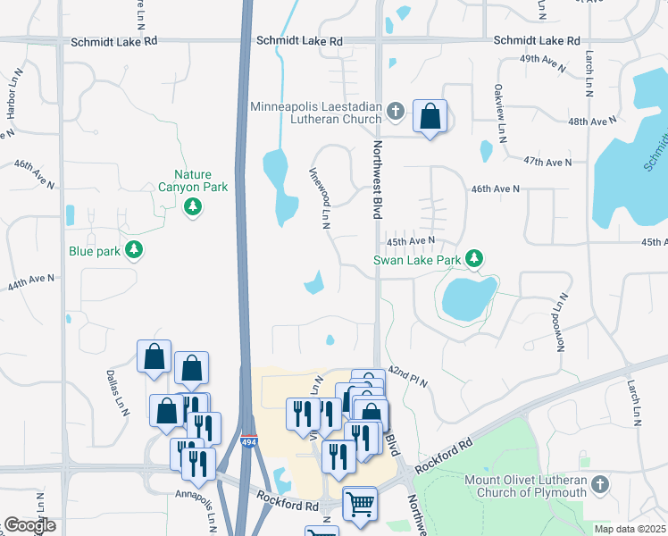 map of restaurants, bars, coffee shops, grocery stores, and more near 4355 Vinewood Lane North in Plymouth