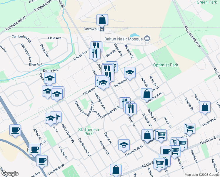 map of restaurants, bars, coffee shops, grocery stores, and more near 1414 Pitt Street in Cornwall