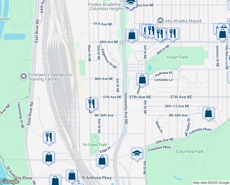 map of restaurants, bars, coffee shops, grocery stores, and more near 3710 3rd Street Northeast in Minneapolis