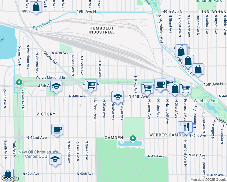 map of restaurants, bars, coffee shops, grocery stores, and more near 2016 North 44th Avenue in Minneapolis