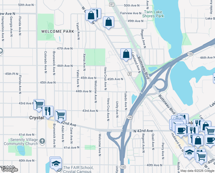 map of restaurants, bars, coffee shops, grocery stores, and more near 4416 Vera Cruz Avenue North in Minneapolis