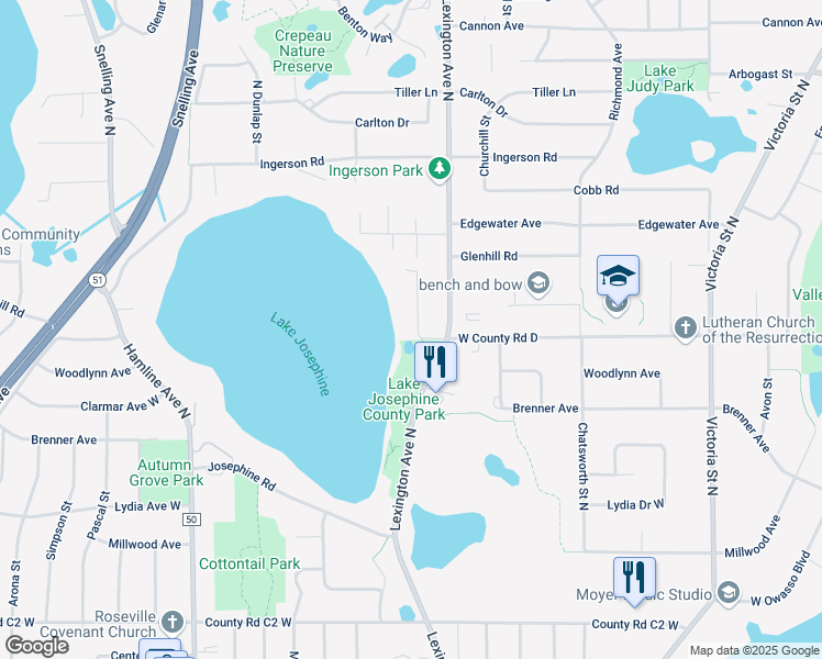 map of restaurants, bars, coffee shops, grocery stores, and more near 3131 Shoreline Lane in Arden Hills