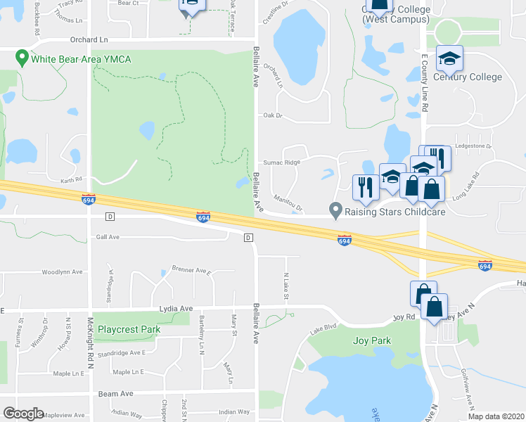 map of restaurants, bars, coffee shops, grocery stores, and more near 3113 Bellaire Avenue in White Bear Lake