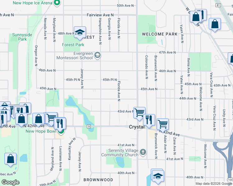 map of restaurants, bars, coffee shops, grocery stores, and more near 4425 Florida Avenue North in Minneapolis