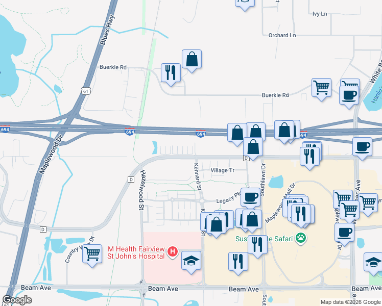 map of restaurants, bars, coffee shops, grocery stores, and more near 1613 County Road D East in Maplewood