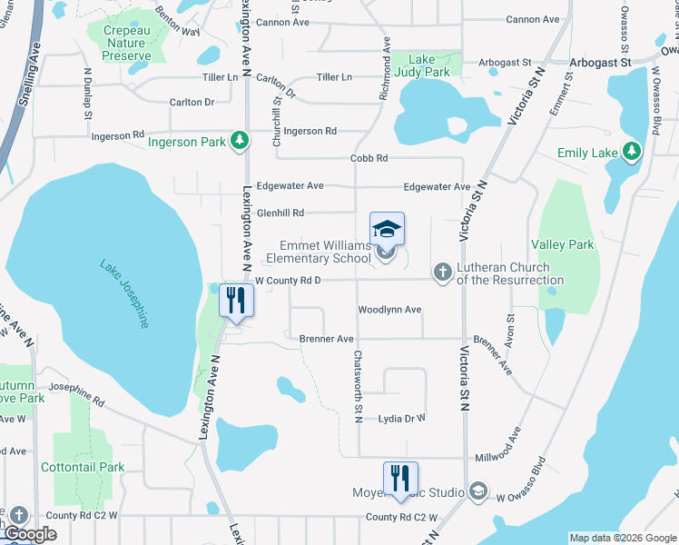 map of restaurants, bars, coffee shops, grocery stores, and more near 999 West County Road D in Shoreview