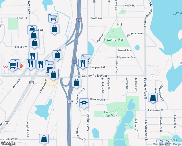 map of restaurants, bars, coffee shops, grocery stores, and more near 3130 Cleveland Avenue Southwest in New Brighton