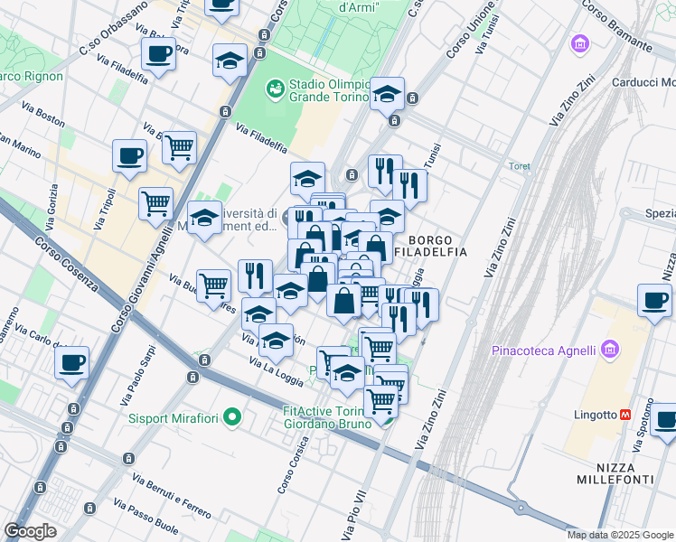 map of restaurants, bars, coffee shops, grocery stores, and more near 35 Via Pasquale Paoli in Torino