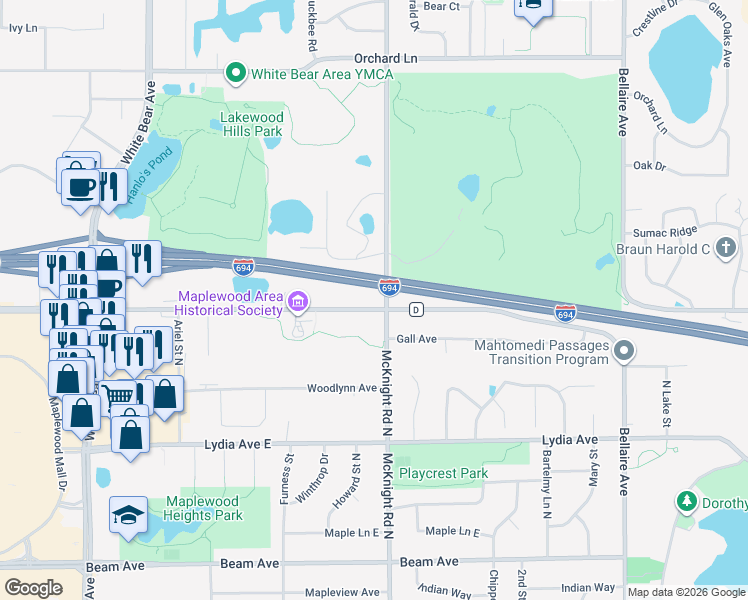 map of restaurants, bars, coffee shops, grocery stores, and more near 2235 County Road D in Maplewood