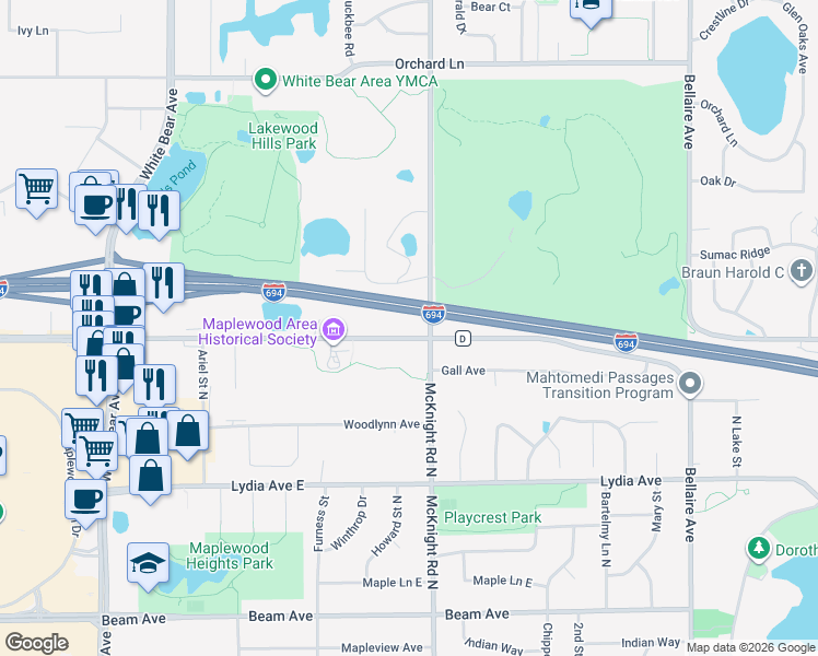 map of restaurants, bars, coffee shops, grocery stores, and more near 2235 County Road D in Maplewood