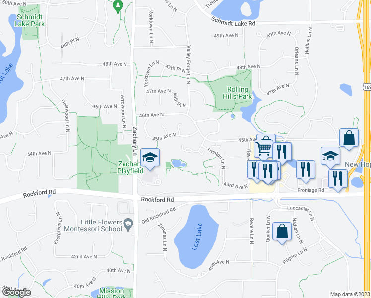 map of restaurants, bars, coffee shops, grocery stores, and more near 10655 44th Avenue North in Minneapolis