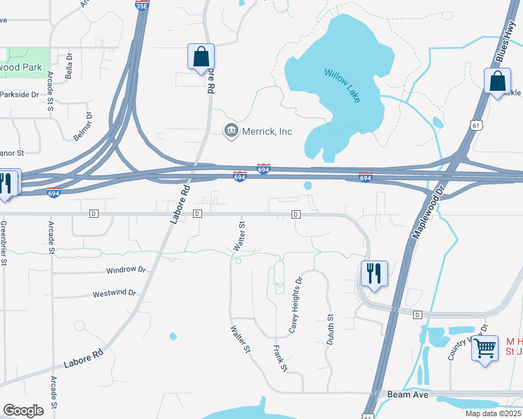 map of restaurants, bars, coffee shops, grocery stores, and more near 1153 County Road D East in Saint Paul
