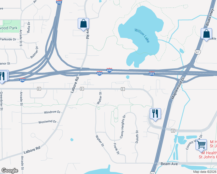 map of restaurants, bars, coffee shops, grocery stores, and more near 1153 County Road D East in Saint Paul