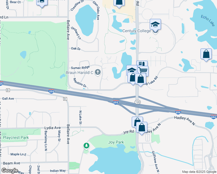 map of restaurants, bars, coffee shops, grocery stores, and more near 3100 Glen Oaks Avenue in White Bear Lake