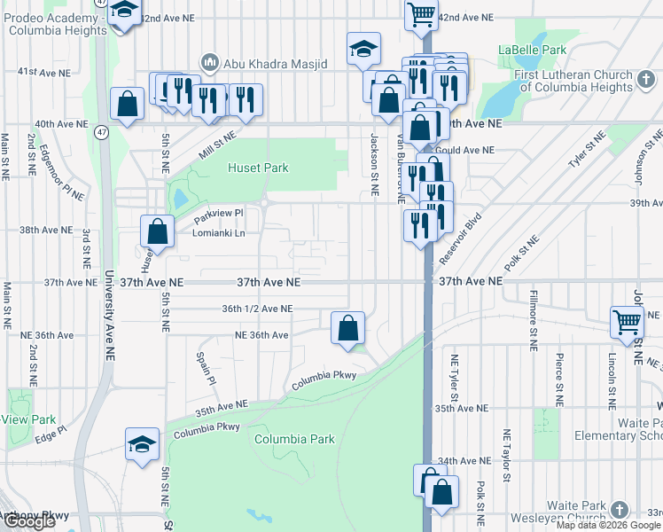 map of restaurants, bars, coffee shops, grocery stores, and more near 711 37th Avenue Northeast in Minneapolis