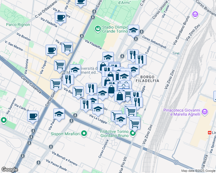 map of restaurants, bars, coffee shops, grocery stores, and more near 12 Via Arnaldo da Brescia in Torino