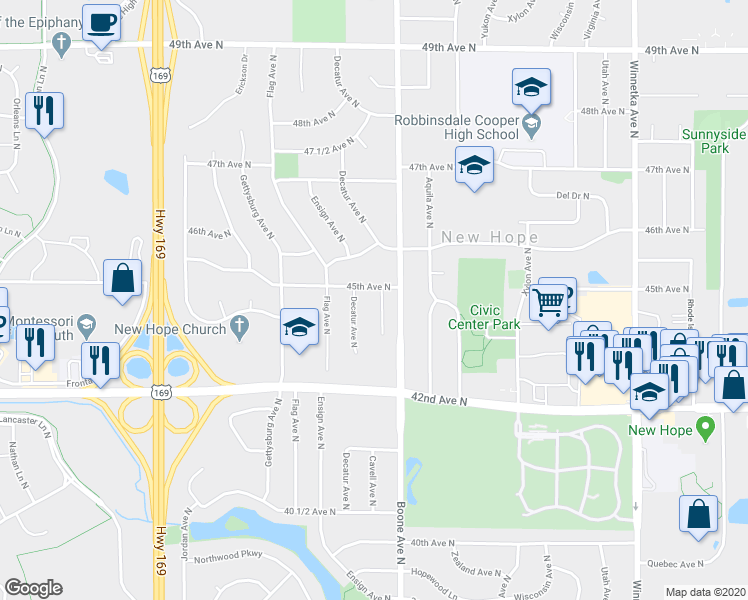 map of restaurants, bars, coffee shops, grocery stores, and more near 4417 Cavell Avenue North in Minneapolis