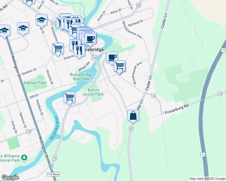 map of restaurants, bars, coffee shops, grocery stores, and more near 101 Entrance Drive in Bracebridge