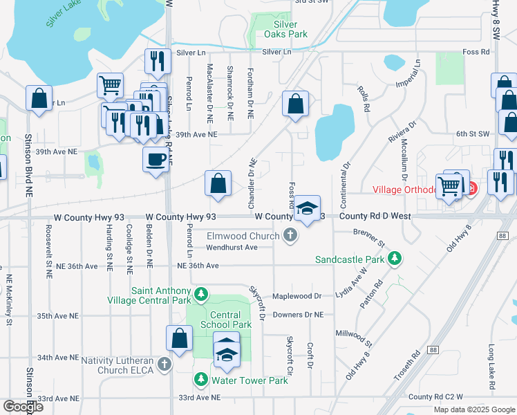 map of restaurants, bars, coffee shops, grocery stores, and more near 3701 Chandler Drive Northeast in Saint Anthony