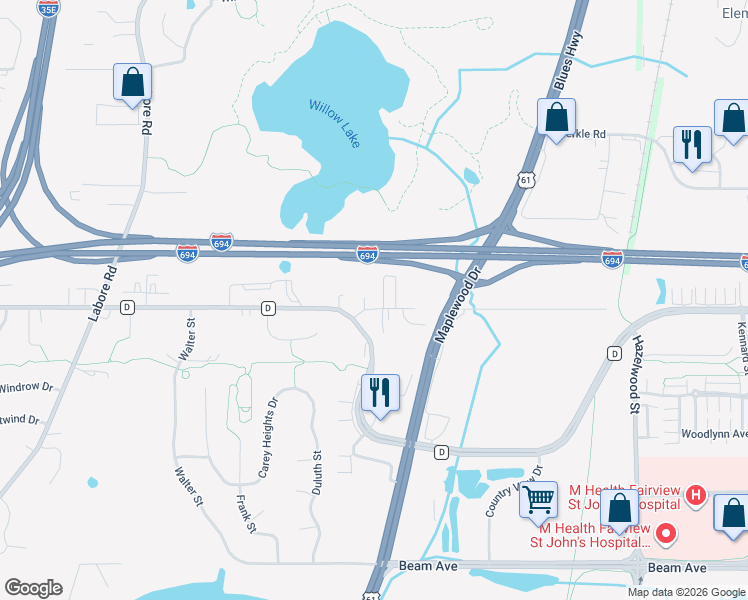 map of restaurants, bars, coffee shops, grocery stores, and more near 1277 County Road D Circle in Saint Paul
