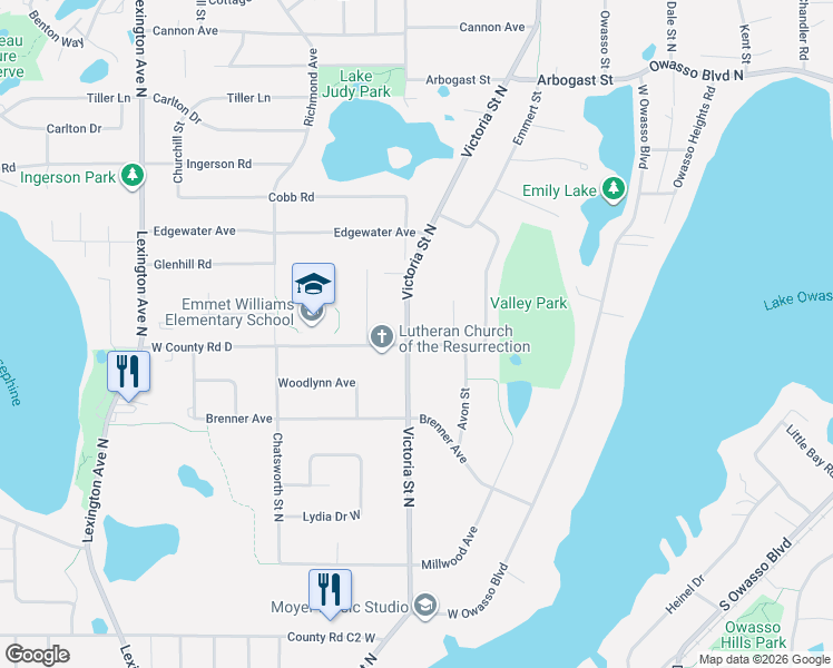 map of restaurants, bars, coffee shops, grocery stores, and more near 855 West County Road D in Shoreview
