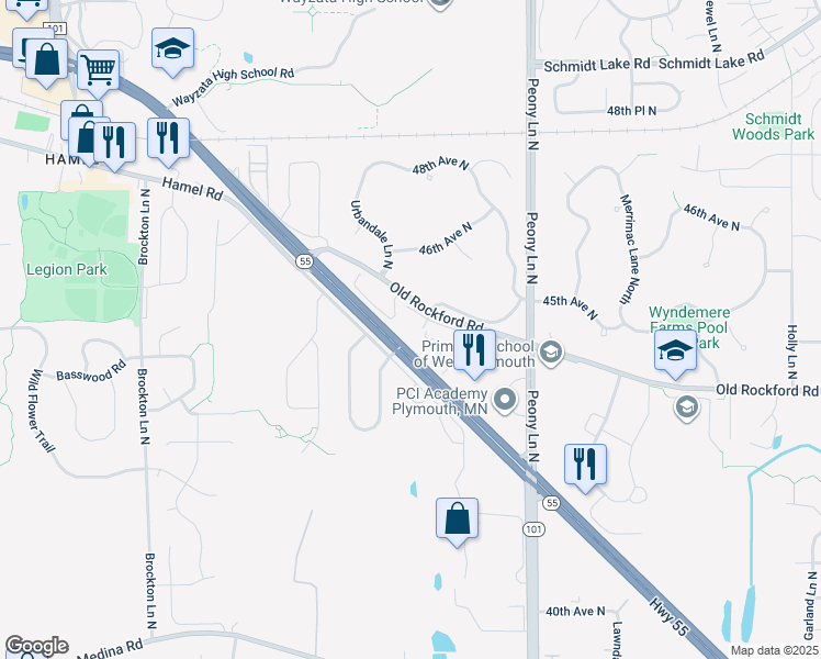 map of restaurants, bars, coffee shops, grocery stores, and more near 18255 45th Avenue North in Plymouth