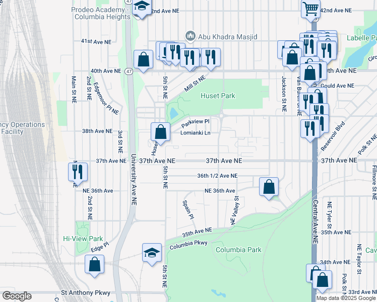 map of restaurants, bars, coffee shops, grocery stores, and more near 546 38th Avenue Northeast in Minneapolis