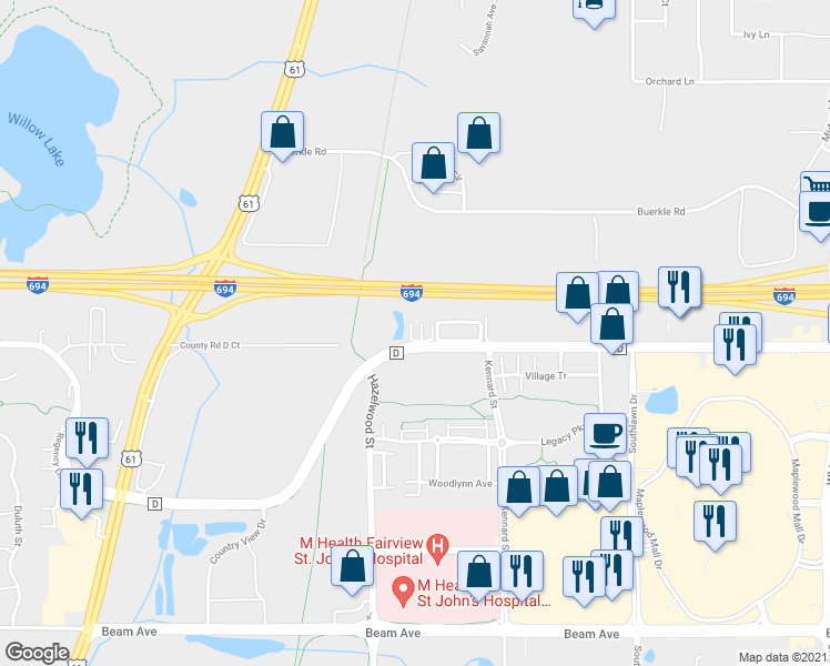 map of restaurants, bars, coffee shops, grocery stores, and more near 1555 County Road D East in Maplewood
