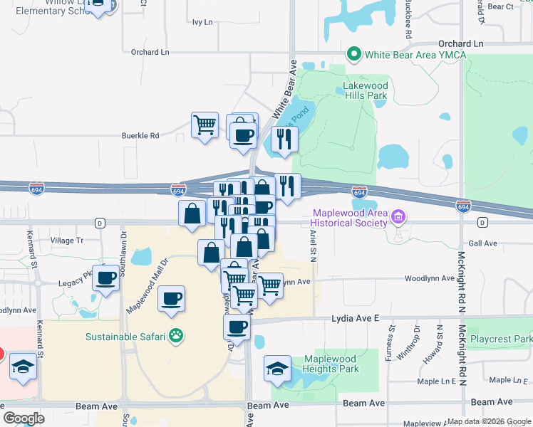 map of restaurants, bars, coffee shops, grocery stores, and more near 1987 County Road D East in Maplewood