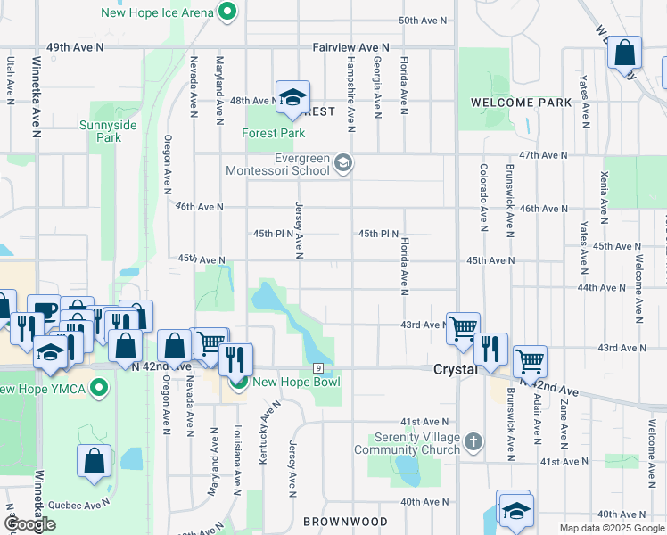 map of restaurants, bars, coffee shops, grocery stores, and more near 6721 45th Avenue North in Minneapolis