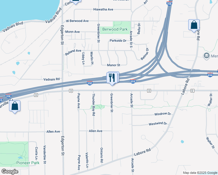 map of restaurants, bars, coffee shops, grocery stores, and more near 3118 Ontario Road in Little Canada