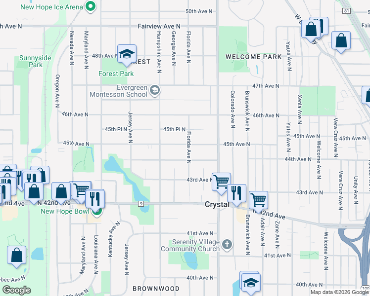 map of restaurants, bars, coffee shops, grocery stores, and more near 4425 Florida Avenue North in Minneapolis