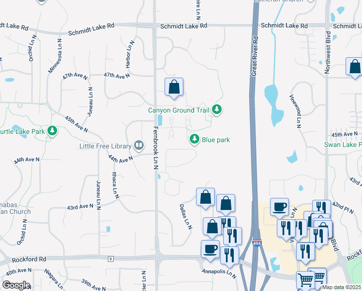 map of restaurants, bars, coffee shops, grocery stores, and more near 14250 43rd Avenue North in Plymouth