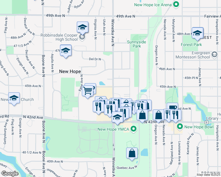 map of restaurants, bars, coffee shops, grocery stores, and more near 4371 Winnetka Avenue North in New Hope