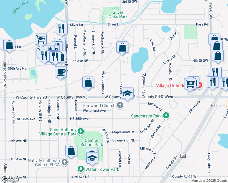 map of restaurants, bars, coffee shops, grocery stores, and more near 3700 Foss Road in Saint Anthony