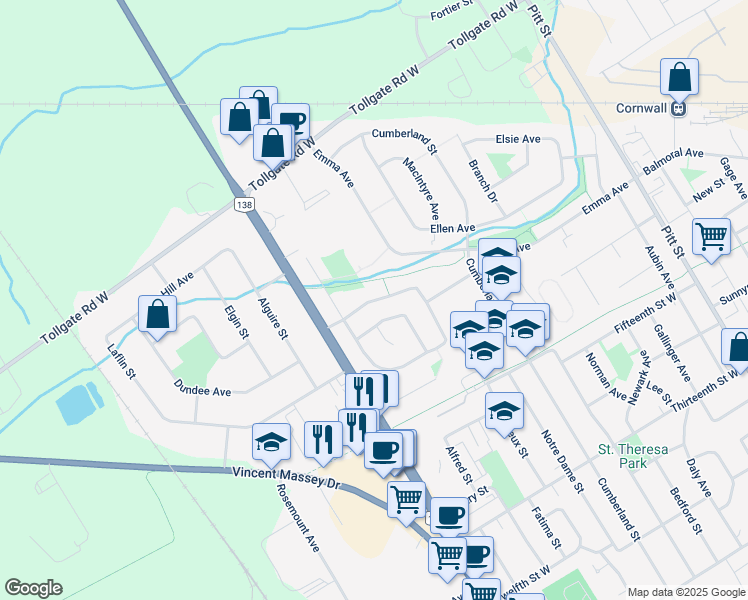 map of restaurants, bars, coffee shops, grocery stores, and more near Meadowvale Crescent in Cornwall