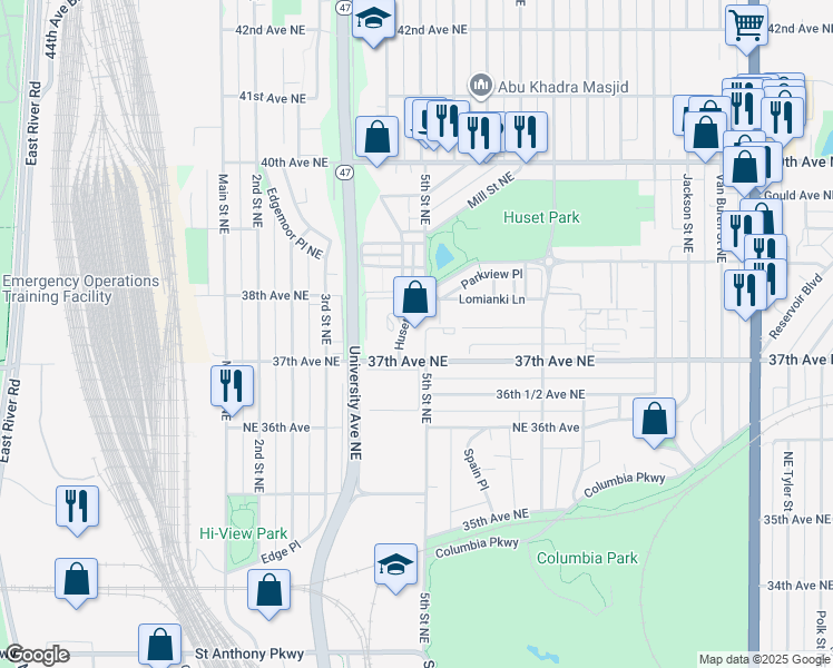 map of restaurants, bars, coffee shops, grocery stores, and more near 455 37th Avenue Northeast in Columbia Heights