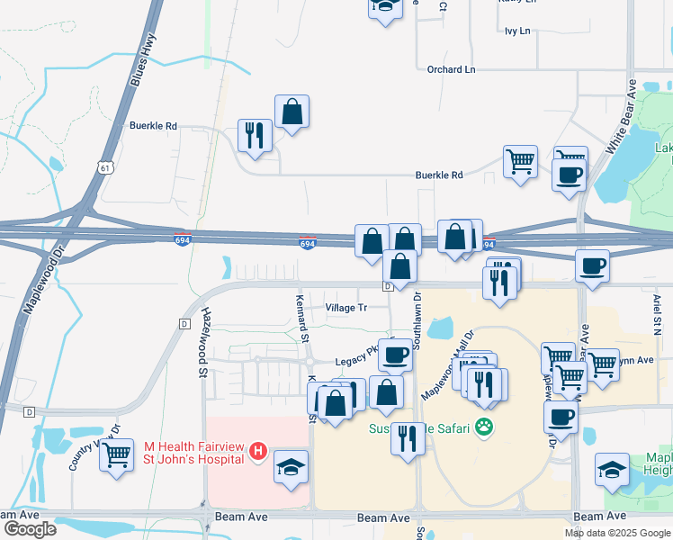 map of restaurants, bars, coffee shops, grocery stores, and more near 1695 County Road D in Maplewood